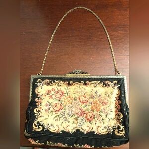 Antique Handmade Victorian Petit Point Needlepoint Brass Purse Clutch Hand Bag